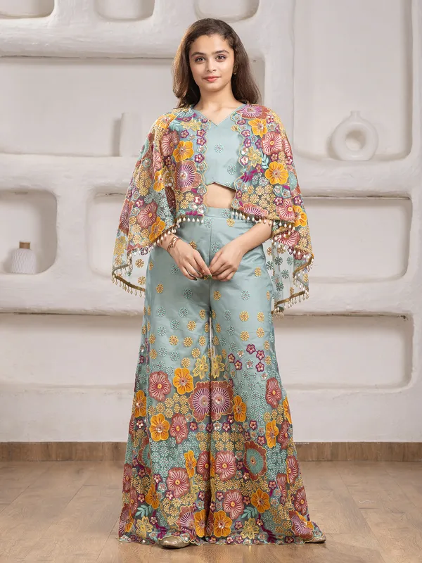 Sage green net palazzo salwar suit with jacket