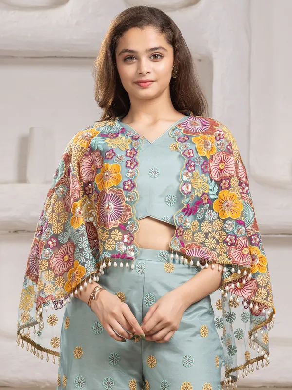 Sage green net palazzo salwar suit with jacket