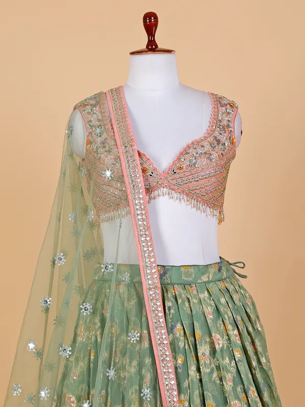 Sage green organza lehenga choli with duatta
