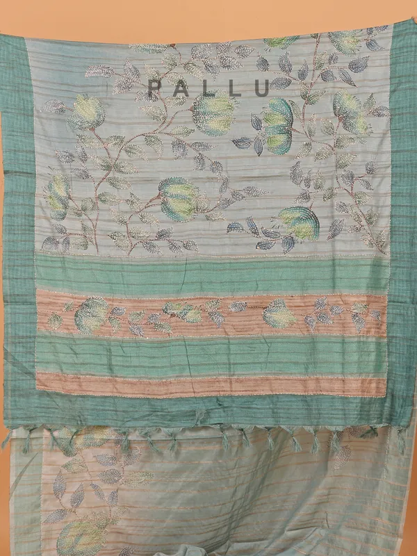 Sage green printed cotton festive wear saree