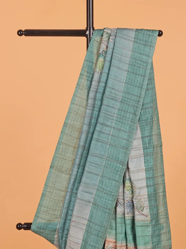 Sage green printed cotton festive wear saree