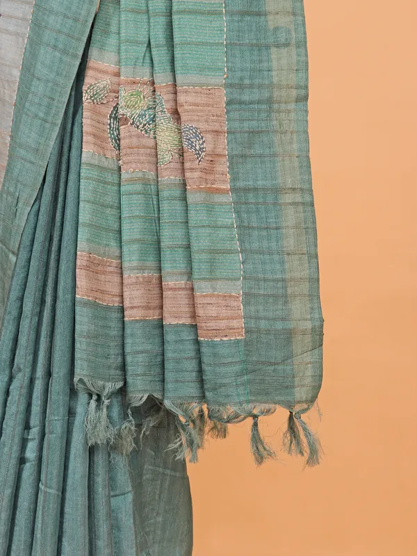 Sage green printed cotton festive wear saree