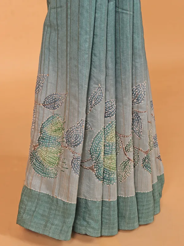 Sage green printed cotton festive wear saree