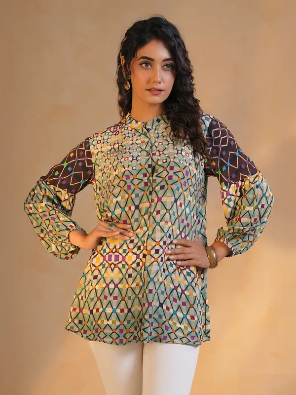 Sage green printed crepe silk shirt for women