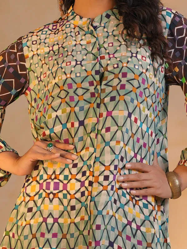 Sage green printed crepe silk shirt for women