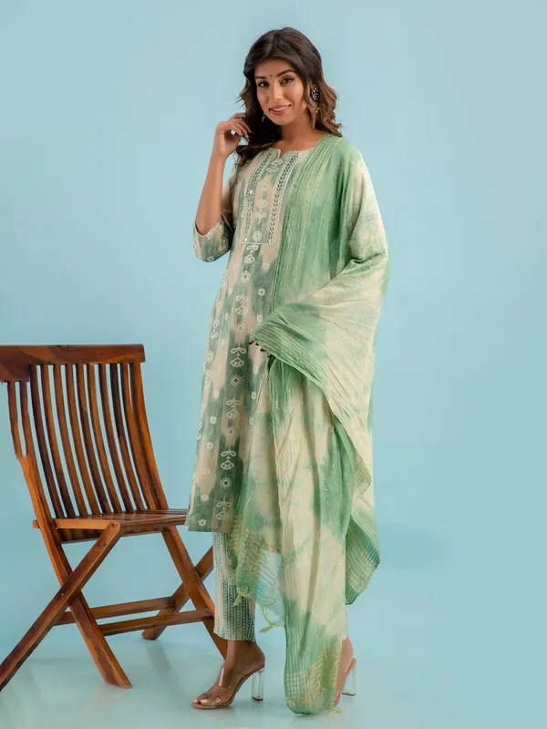 Sage green printed kurti set with dupatta
