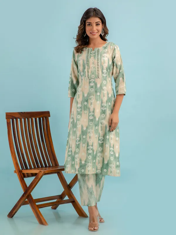 Sage green printed kurti set with dupatta
