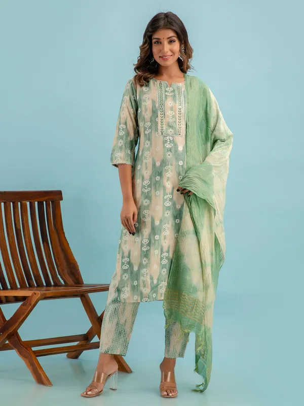 Sage green printed kurti set with dupatta