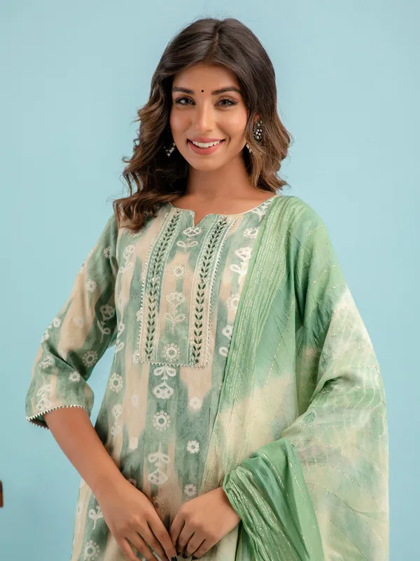 Sage green printed kurti set with dupatta