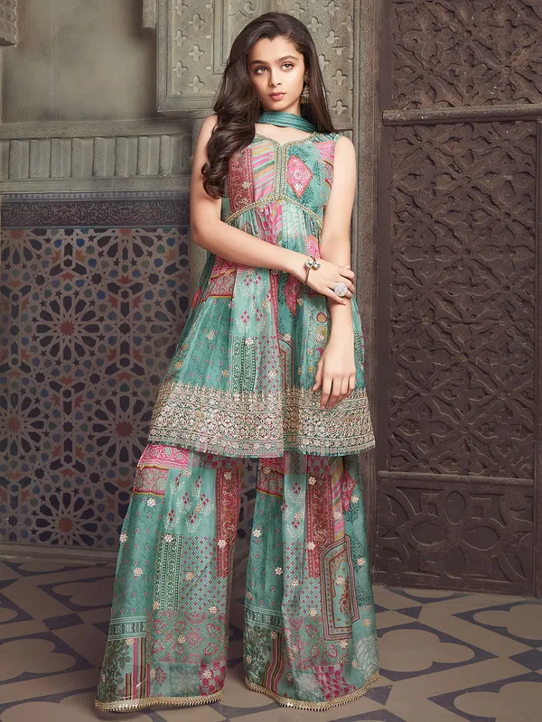 Sage green printed sharara suit in georgette