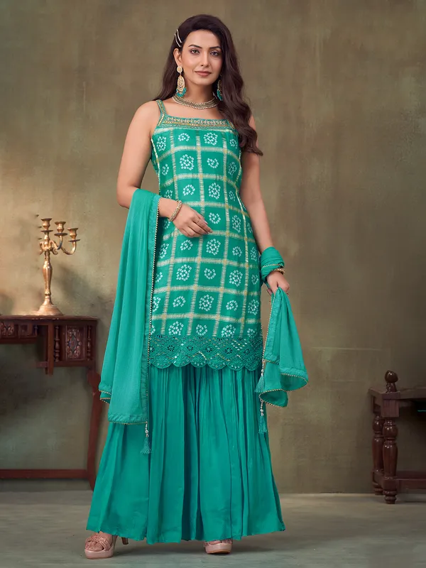 Sage green printed sharara suit in silk