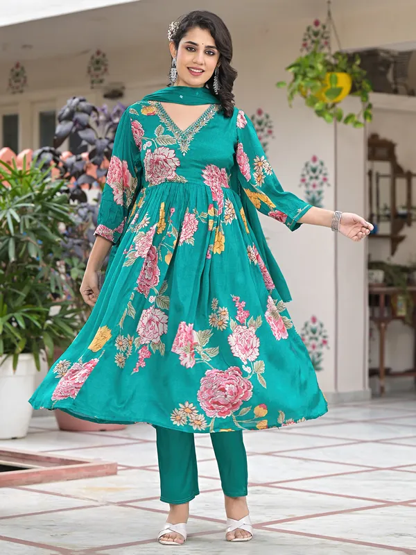 Sage green printed silk kurti set with dupatta