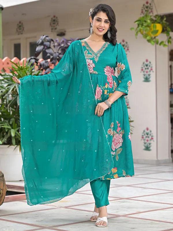 Sage green printed silk kurti set with dupatta