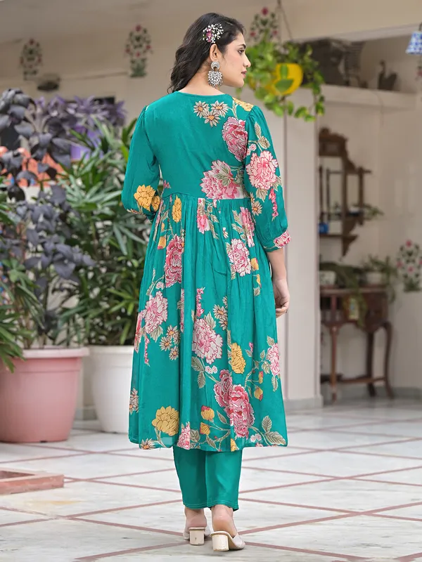 Sage green printed silk kurti set with dupatta
