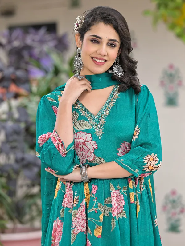 Sage green printed silk kurti set with dupatta