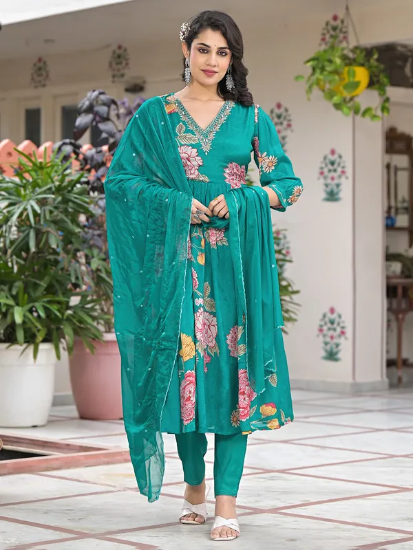 Sage green printed silk kurti set with dupatta