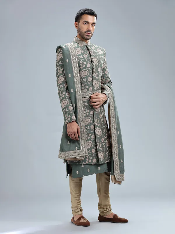 Sage green raw silk sherwani with dupatta