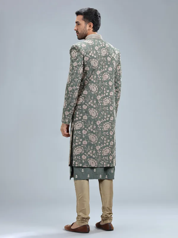 Sage green raw silk sherwani with dupatta