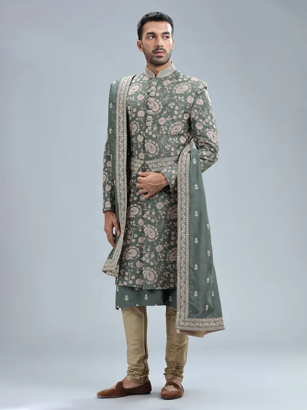 Sage green raw silk sherwani with dupatta