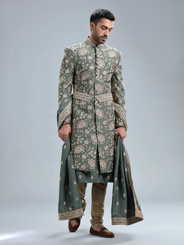 Sage green raw silk sherwani with dupatta
