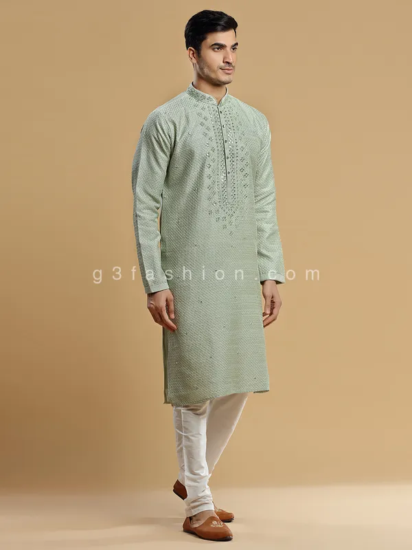 Sage green rich silk fabric kurta suit