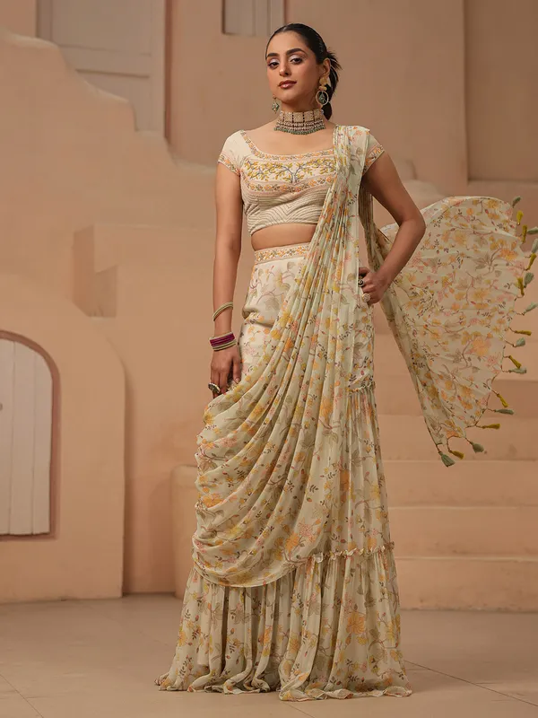 Sage green sharara suit with attached drape
