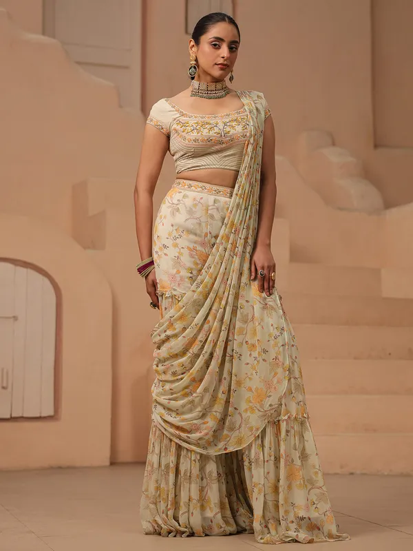 Sage green sharara suit with attached drape