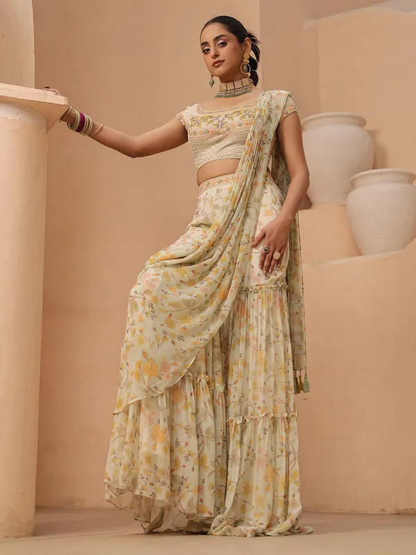 Sage green sharara suit with attached drape