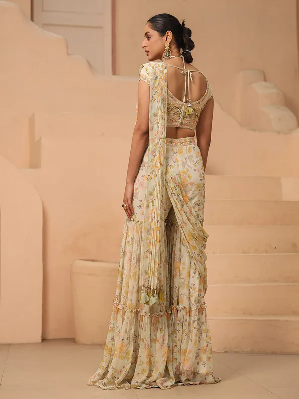 Sage green sharara suit with attached drape