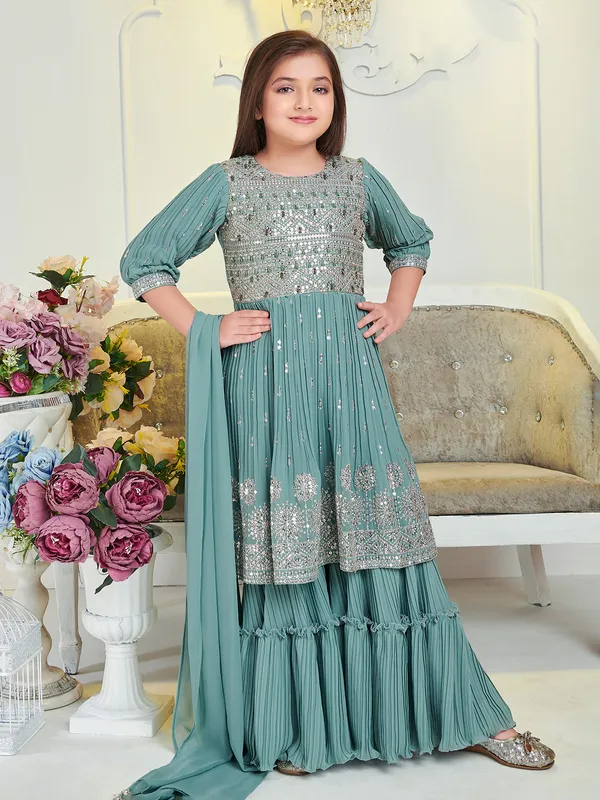 Sea green sharara suit with dupatta