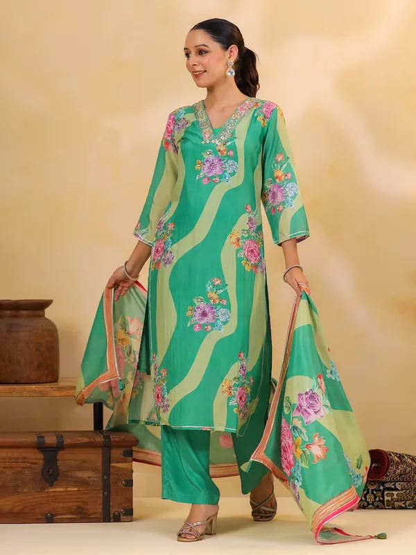 Sage green silk embellished kurti set