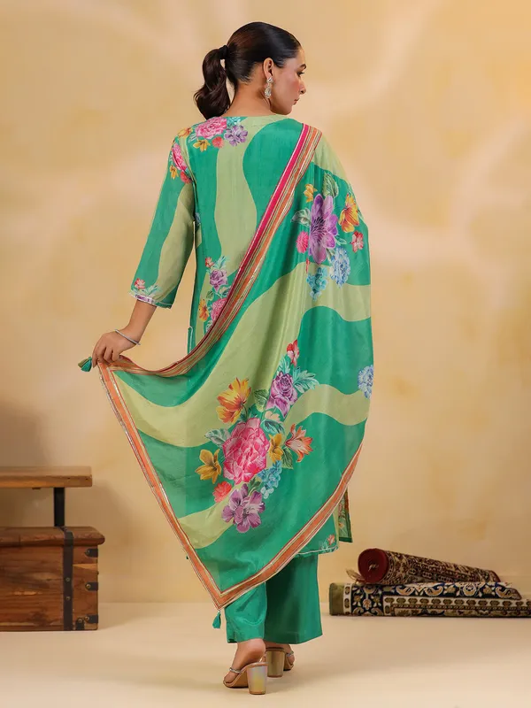 Sage green silk embellished kurti set