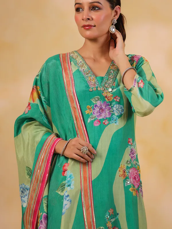 Sage green silk embellished kurti set
