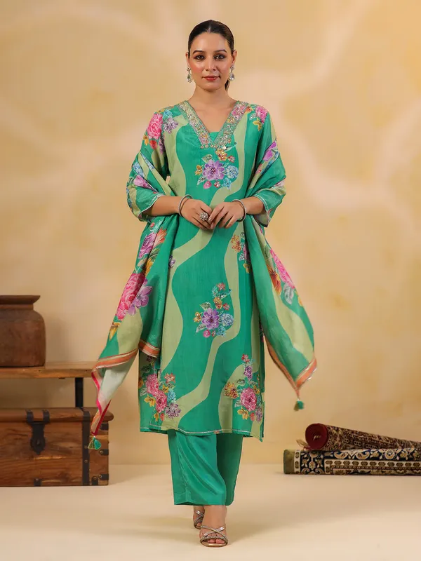 Sage green silk embellished kurti set