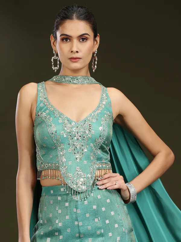 Sage green silk embellished palazzo suit