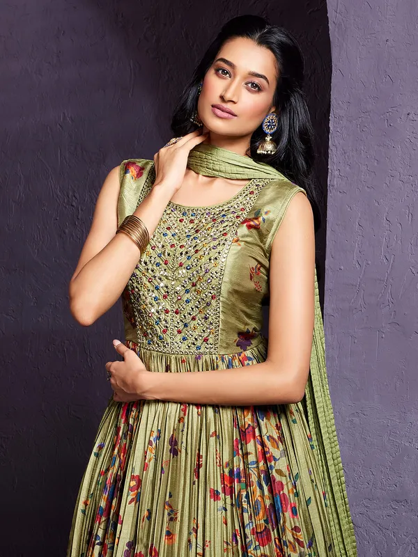 Sage green silk floral printed anarkali suit