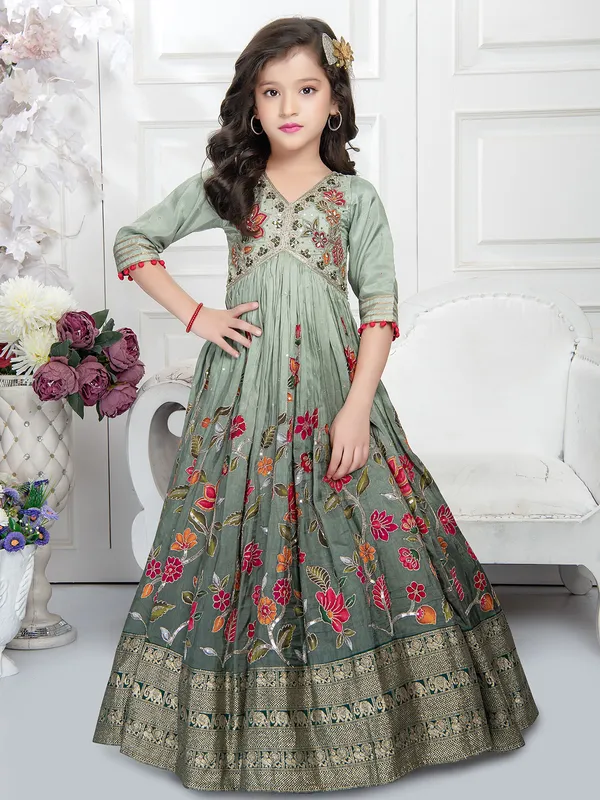 Sage green silk floral printed gown