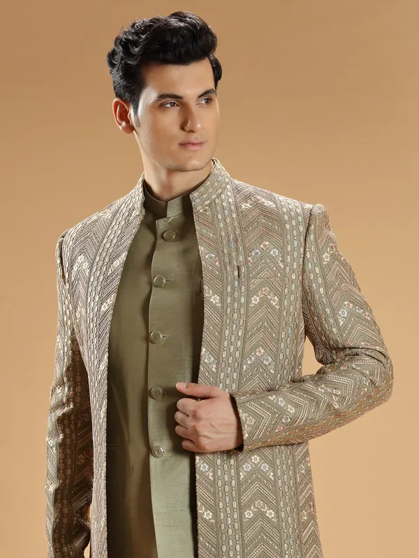 Sage green silk indowestern