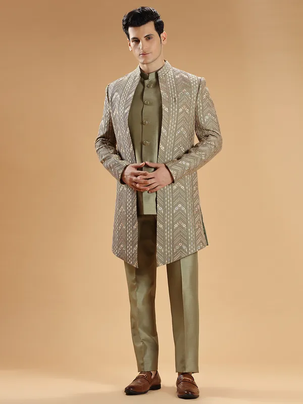 Sage green silk indowestern
