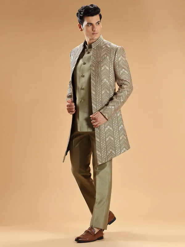 Sage green silk indowestern