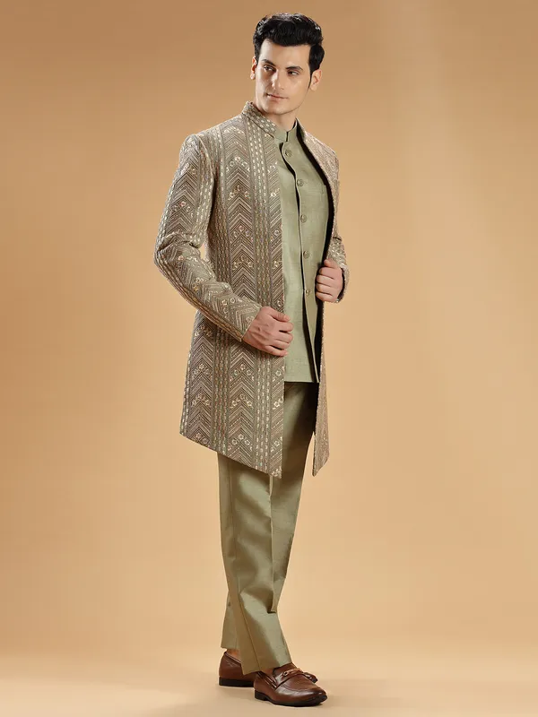 Sage green silk indowestern