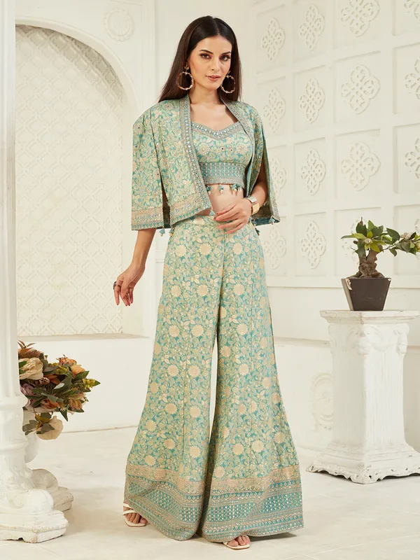 Sage green silk jacket style palazzo suit