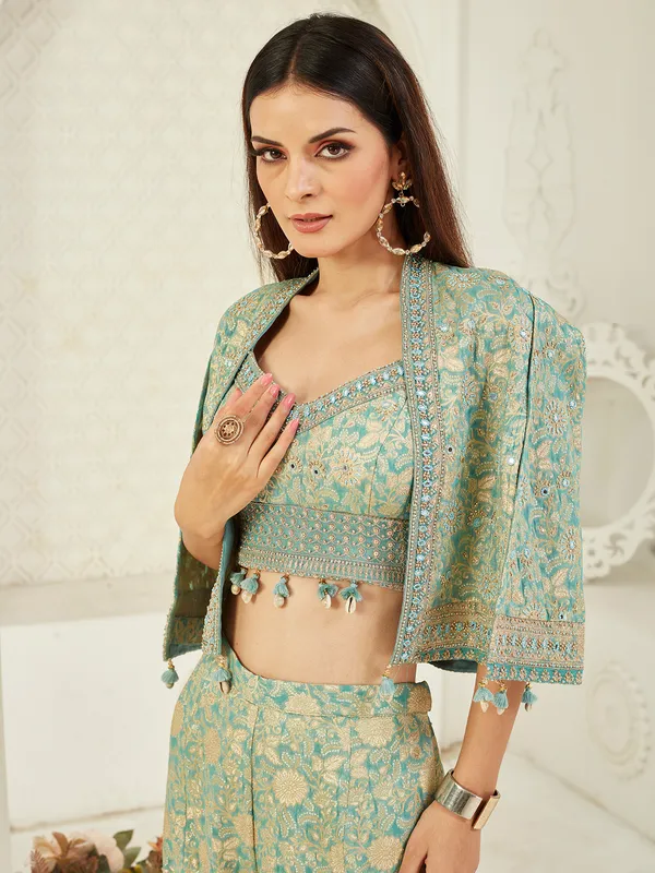 Sage green silk jacket style palazzo suit