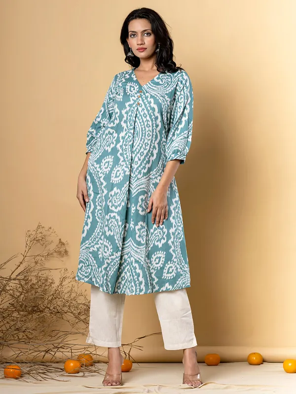 Sage green silk kurti set in printed