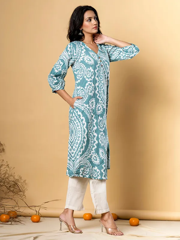 Sage green silk kurti set in printed
