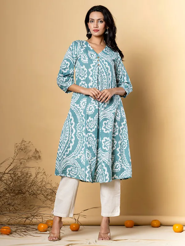 Sage green silk kurti set in printed