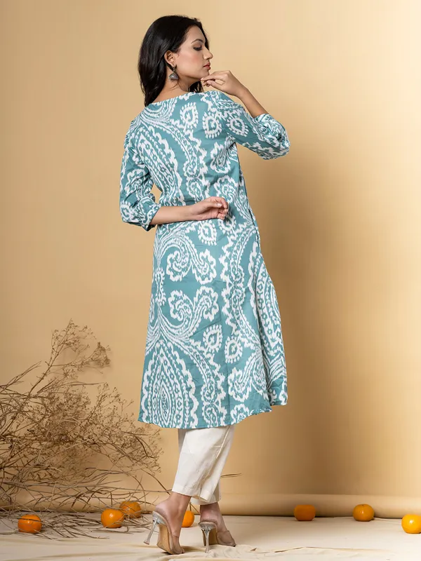 Sage green silk kurti set in printed