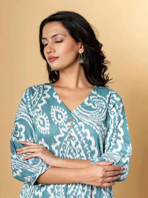Sage green silk kurti set in printed