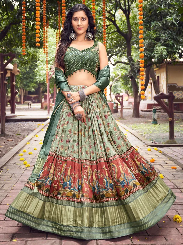 Sage green silk lagdi patta lehenga