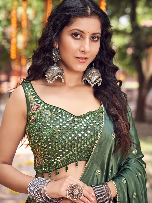 Sage green silk lagdi patta lehenga